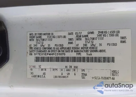 2017 Ford F-150 Xl z USA, uszkodzony, nr VIN 1FTEX1EP4HFC31070